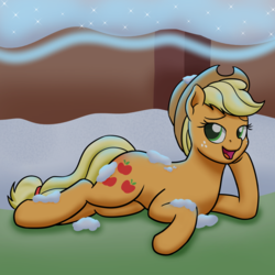 Size: 1280x1280 | Tagged: safe, artist:mkogwheel, applejack, earth pony, pony, g4, not asking for trouble, butt blush, female, hat, levitation, mare, scene interpretation, snow, solo, yakyakistan