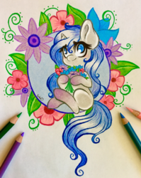 Size: 2873x3604 | Tagged: safe, artist:emberslament, oc, oc only, oc:phrostbite, pony, unicorn, chibi, colored pencils, female, flower, high res, mare, pencil, photo, solo, traditional art