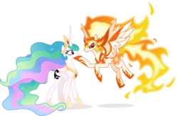 Size: 2799x1839 | Tagged: safe, artist:punzil504, daybreaker, princess celestia, alicorn, pony, a royal problem, g4, duality, female, floating, mane of fire, mare, persuasion, simple background, swapped cutie marks, transparent background, vector
