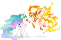 Size: 2799x1839 | Tagged: safe, artist:punzil504, daybreaker, princess celestia, alicorn, pony, a royal problem, g4, my little pony: friendship is magic, duality, female, floating, mane of fire, mare, persuasion, simple background, swapped cutie marks, transparent background, vector