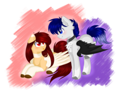 Size: 4806x3538 | Tagged: safe, artist:bl--blacklight, oc, oc only, oc:kurai chinmoku, oc:yeri, bat pony, pegasus, pony, absurd resolution, bat pony oc, blushing, chest fluff, female, looking at each other, male, mare, pegasus oc, prone, smiling, smiling at each other, stallion, straight, tongue out