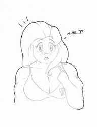 Size: 976x1280 | Tagged: safe, artist:zacharyisaacs, fluttershy, anthro, g4, bra, breasts, cleavage, clothes, cutie mark underwear, female, monochrome, muscles, muscleshy, open mouth, pecs, simple background, solo, surprised face, underwear, white background