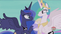 Size: 680x382 | Tagged: safe, screencap, daybreaker, princess celestia, princess luna, alicorn, pony, a royal problem, g4, animated, crying, cute, female, funny comments, gif, holding hooves, looking at each other, mare, royal sisters, sibling love, siblings, sisterly love, sisters, smiling