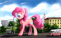 Size: 4578x2859 | Tagged: safe, artist:alexandrvirus, pinkie pie, human, pony, g4, building, bus, city, giant pony, high res, house, macro, open mouth, people, power line, requested art, solo focus