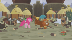 Size: 806x451 | Tagged: safe, screencap, gummy, pinkie pie, prince rutherford, yohimbine, yvette, earth pony, pony, yak, g4, not asking for trouble, animated, cloven hooves, female, gif, male, smashing, unnamed character, unnamed yak
