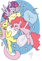 Size: 1024x1499 | Tagged: safe, artist:koku-chan, fluttershy, pinkie pie, twilight sparkle, alicorn, pony, g4, eyes closed, feather, laughing, pillow, pillow fight, twilight sparkle (alicorn)