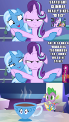 Size: 1500x2652 | Tagged: safe, edit, edited screencap, hundreds of users filter this tag, screencap, spike, starlight glimmer, trixie, dragon, a royal problem, all bottled up, rock solid friendship, comic, cup, floppy ears, i have no mouth and i must scream, implied shipping, implied sparlight, inanimate tf, karma, meme, rhyme, screencap comic, spikebrush, teacup, teacupified, that pony sure does love teacups, the amazing trio of friendship, toothbrush, transformation, trixie teacup, trixie's puppeteering