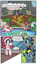 Size: 1105x1920 | Tagged: safe, artist:paintsplatteredponies, oc, oc only, oc:spotlight, pony, the clone that got away, building, comic, diane, glasses, ice rink, ice skating, redesign, statue of prometheus