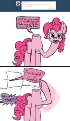 Size: 1097x1878 | Tagged: safe, artist:airship-king, pinkie pie, earth pony, pony, g4, ask, comic, detachable head, dialogue, disembodied head, female, headless, implied twilight sparkle, mare, modular, offscreen character, solo, tumblr