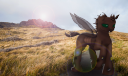 Size: 5000x3000 | Tagged: safe, artist:freeformedto, oc, oc only, oc:wildcard mask, changeling, brown, changeling oc, detailed, eye shimmer, grass, green eyes, high res, insect wings, lens flare, male, request, requested art, scenery, short tail, solo, stallion, standing, transparent wings