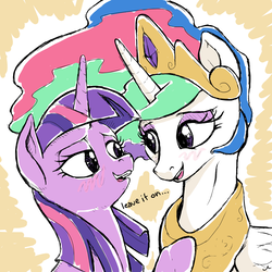 Size: 6750x6750 | Tagged: safe, artist:docwario, princess celestia, twilight sparkle, alicorn, pony, g4, absurd resolution, bust, colored sketch, dialogue, duo, eye contact, female, lesbian, looking at each other, mare, portrait, ship:twilestia, shipping, smiling, twilight sparkle (alicorn)