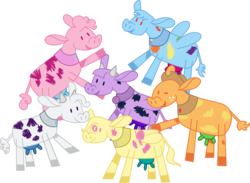 Size: 3098x2263 | Tagged: safe, artist:walrusinc, applejack, fluttershy, pinkie pie, rainbow dash, rarity, twilight sparkle, cow, g4, not asking for trouble, applecow, bovine, cowified, female, fluttercow, flying, high res, horns, magical cow, mane six, mane six opening poses, one eye closed, open mouth, pincow pie, rainbovine dash, raised hoof, raricow, rearing, simple background, smiling, species swap, transparent background, twilight sparcow, udder, uddershy, wings, wink