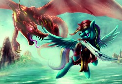 Size: 2952x2026 | Tagged: safe, artist:zilvart, rainbow dash, dragon, pegasus, pony, g4, duo, female, fight, flying, glowing, glowing eyes, high res, mare, mountain, mouth hold, open mouth, scenery, spread wings, sword, tongue out, water, weapon, wings