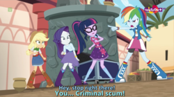 Size: 1366x766 | Tagged: safe, edit, edited screencap, screencap, applejack, rainbow dash, rarity, sci-twi, twilight sparkle, equestria girls, movie magic, spoiler:eqg specials, boots, bowtie, bracelet, clothes, compression shorts, cowboy boots, cowboy hat, criminal scum, denim skirt, eyes closed, frown, geode of super speed, geode of telekinesis, glare, glasses, hat, high heel boots, jewelry, magical geodes, mary janes, necklace, open mouth, pendant, pointing, ponytail, sci-twi outfits, shoes, skirt, socks, stetson, stop right there criminal scum, subtitles, teletoon, wide eyes, wristband