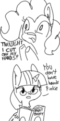 Size: 1280x2560 | Tagged: safe, artist:tjpones, pinkie pie, twilight sparkle, alicorn, earth pony, pony, g4, amputation prank, black and white, book, comic, dialogue, ear fluff, glasses, grayscale, monochrome, panic, reading, reading glasses, simple background, twilight sparkle (alicorn), white background