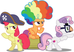 Size: 11182x7793 | Tagged: safe, artist:jhayarr23, apple bloom, scootaloo, sweetie belle, earth pony, pony, g4, hard to say anything, absurd resolution, afro, agent rainbow head, bipedal, cutie mark crusaders, female, filly, glasses, hat, pirate hat, rearing, shimmering spectacles, simple background, sitting, spyrate, the cmc's cutie marks, transparent background, trio, trio female, underhoof, vector, wig