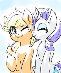 Size: 1707x2048 | Tagged: safe, artist:gamijack, applejack, rarity, earth pony, pony, unicorn, g4, cute, duo, eyes closed, female, freckles, grin, kissing, lesbian, mare, one eye closed, ship:rarijack, shipping, simple background, smiling, white background