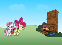 Size: 7013x5100 | Tagged: safe, artist:ravio-li, apple bloom, scootaloo, sweetie belle, earth pony, pegasus, pony, unicorn, g4, parental glideance, absurd resolution, alternate scenario, butt, buttstuck, crash, cutie mark crusaders, fail, female, filly, implied injury, mare, ouch, plot, ramp, reality ensues, scootacrash, stuck, trio, wasted
