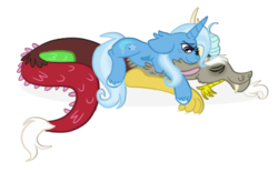 Size: 488x303 | Tagged: safe, artist:tricks-up-my-sleeve, discord, trixie, pony, unicorn, g4, chest fluff, duo, ear fluff, eyes closed, female, floppy ears, male, mare, prone, shipping, simple background, sleeping, stallion, straight, transparent background, trixcord, unshorn fetlocks