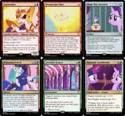 Size: 1127x1047 | Tagged: safe, edit, edited screencap, screencap, daybreaker, princess celestia, princess luna, starlight glimmer, twilight sparkle, alicorn, pony, a royal problem, g4, ballerina, canterlot castle, cutie mark swap, female, lavender, magic, magic the gathering, mane of fire, mare, music box, toothbrush, tutu, twilarina, twilight sparkle (alicorn)