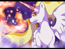 Size: 2048x1536 | Tagged: safe, artist:pon-tea, daybreaker, pony, a royal problem, g4, female, fire, glowing horn, gritted teeth, horn, missing accessory, solo