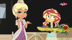 Size: 1366x768 | Tagged: safe, screencap, chestnut magnifico, sunset shimmer, equestria girls, equestria girls specials, g4, my little pony equestria girls: movie magic, adventure in the comments, arrow of marapore, clothes, discussion in the comments, duo, female, jacket, leather jacket, lidded eyes, macuahuitl, pointing, skirt, smiling, staff of ponypeii, sword of lusitano, teletoon, yes