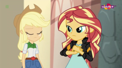 Size: 1366x765 | Tagged: safe, screencap, applejack, sunset shimmer, equestria girls, equestria girls specials, g4, my little pony equestria girls: movie magic, clothes, duo, eyes closed, india movie set, jacket, leather jacket, teletoon