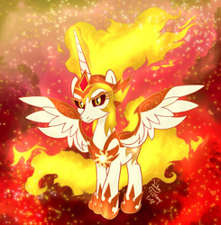 Size: 980x1000 | Tagged: safe, artist:joakaha, daybreaker, alicorn, pony, a royal problem, g4, armor, evil, female, fire, looking at you, mare, signature, solo
