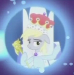 Size: 479x480 | Tagged: safe, screencap, derpy hooves, pegasus, pony, a royal problem, g4, cape, clothes, cropped, crown, dream orbs, dreamscape, epic, epic derpy, female, jewelry, mare, queen derpy, regalia, scepter, solo, throne, twilight scepter, underp
