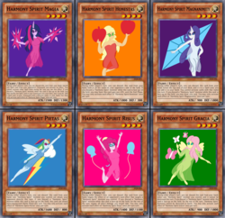 Size: 1267x1224 | Tagged: safe, artist:ajustice90, applejack, fluttershy, pinkie pie, rainbow dash, rarity, twilight sparkle, equestria girls, g4, clothes, dress, latin, spanish, yu-gi-oh!, yugioh card maker