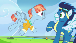 Size: 1280x720 | Tagged: safe, screencap, soarin', windy whistles, pegasus, pony, g4, parental glideance, clothes, cute, excited, female, freckles, goggles, male, mare, shipping in the description, shirt, smiling, spread wings, stallion, uniform, windybetes, wings, wonderbolts uniform
