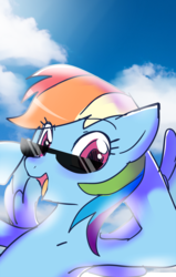 Size: 1400x2200 | Tagged: safe, artist:haden-2375, rainbow dash, pony, g4, cloud, cute, dashabetes, female, flying, happy, looking at you, open mouth, solo, sunglasses