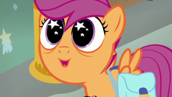 Size: 1280x720 | Tagged: safe, screencap, scootaloo, pony, g4, parental glideance, female, solo, starry eyes, wingding eyes