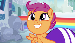 Size: 1920x1090 | Tagged: safe, screencap, scootaloo, pegasus, pony, g4, parental glideance, cute, cutealoo, female, filly, helmet, smiling, solo, spread wings, wings