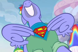 Size: 600x400 | Tagged: safe, edit, edited screencap, screencap, bow hothoof, pegasus, pony, g4, parental glideance, bow's t-shirt, male, nose in the air, solo, stallion, superhero, superman, volumetric mouth, wing hands