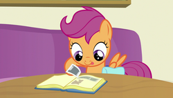 Size: 1920x1090 | Tagged: safe, screencap, scootaloo, pegasus, pony, g4, parental glideance, book, cute, cutealoo, female, filly, photo, saddle bag, scrapbook, smiling, solo, spread wings, tongue out, wings