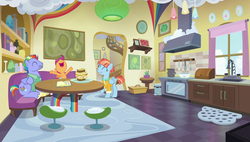 Size: 1920x1090 | Tagged: safe, screencap, bow hothoof, scootaloo, windy whistles, pegasus, pony, g4, parental glideance, eyes closed, female, filly, foal, food, interior, kitchen, male, mare, nose in the air, pasta and potato sandwich on sourdough, rainbow dash's parents, sandwich, ship:windyhoof, stallion, trio, volumetric mouth