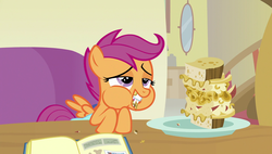 Size: 1920x1090 | Tagged: safe, screencap, scootaloo, pony, g4, parental glideance, aweeg*, bedroom eyes, eating, female, food, pasta and potato sandwich on sourdough, puffy cheeks, sandwich, scrapbook, solo