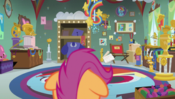 Size: 1920x1090 | Tagged: safe, screencap, scootaloo, pony, g4, my little pony: friendship is magic, parental glideance, dashmentos, female, floppy ears, rainbow dash rug, solo, trophy