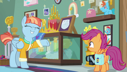 Size: 1920x1090 | Tagged: safe, screencap, scootaloo, windy whistles, pegasus, pony, g4, parental glideance, butt, camera, dashmentos, diaper, eyes closed, female, filly, foal, mare, plot, saddle bag, smiling, trophy