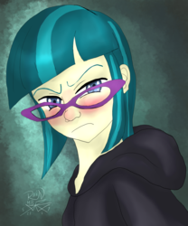 Size: 720x864 | Tagged: safe, artist:rain-hatchett, juniper montage, equestria girls, equestria girls specials, g4, my little pony equestria girls: movie magic, angry, blushing, bodysuit, cloak, clothes, female, glasses, looking at you, solo