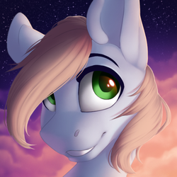 Size: 500x500 | Tagged: safe, artist:silentwulv, oc, oc only, oc:art block, pony, close-up, cloud, colored pupils, green eyes, male, night, smiling, solo, stallion, stars