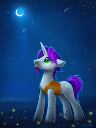 Size: 1200x1600 | Tagged: safe, artist:scheadar, oc, oc only, firefly (insect), pony, unicorn, crescent moon, facial hair, goatee, male, moon, purple mane, shooting star, solo, stallion, starry night, stars