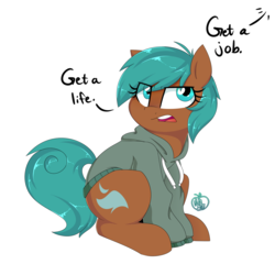 Size: 1600x1600 | Tagged: safe, artist:notenoughapples, oc, oc only, oc:apples, earth pony, pony, clothes, dialogue, female, hoodie, mare, offscreen character, ponysona, rule 63, simple background, solo, transparent background