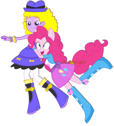 Size: 1600x1765 | Tagged: safe, artist:jucamovi1992, pinkie pie, oc, oc:holiday candy, equestria girls, g4, boots, clothes, duo, hat, high heel boots, open mouth, ponied up, pony ears, ponytail, raised leg, shirt, skirt, smiling