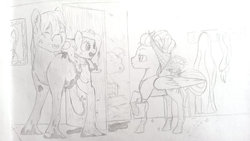 Size: 1024x579 | Tagged: safe, artist:kaleysia, big macintosh, fluttershy, oc, oc:cellini, pegasus, pony, g4, apron, bucket, clothes, female, filly, freckles, grin, hair up, handkerchief, hoof glove, male, mare, monochrome, mud, muddy, nervous, nervous smile, offspring, parent:big macintosh, parent:fluttershy, parents:fluttermac, pencil drawing, raised hoof, rubber gloves, ship:fluttermac, shipping, smiling, stallion, straight, sweat, sweatdrop, traditional art, unamused, unshorn fetlocks