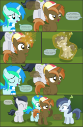 Size: 4550x7000 | Tagged: safe, artist:cyanlightning, button mash, rumble, shady daze, oc, oc:cyan lightning, alicorn, earth pony, pegasus, pony, unicorn, comic:cyan's adventure, g4, .svg available, absurd resolution, blushing, buttoncorn, clothes, colt, comic, female, filly, hat, levitation, magic, male, mare, rule 63, scarf, spread wings, telekinesis, transformation, vector, wings