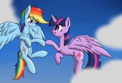 Size: 1952x1328 | Tagged: safe, artist:zogzor, rainbow dash, twilight sparkle, alicorn, pegasus, pony, g4, duo, eye contact, flying, flying buddies, looking at each other, looking at someone, twilight sparkle (alicorn), wings