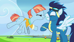 Size: 1920x1090 | Tagged: safe, screencap, soarin', windy whistles, pegasus, pony, g4, parental glideance, boop, clothes, noseboop, out of context, uniform, wonderbolts uniform