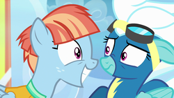 Size: 1920x1090 | Tagged: safe, screencap, fleetfoot, windy whistles, pony, g4, parental glideance, clothes, goggles, grin, smiling, uniform, wonderbolts uniform